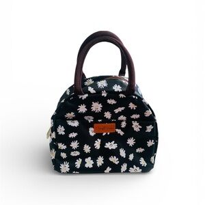 ComfiTime Black Insulated Zipper Tote Lunch Bag with Pockets Daisy Pattern